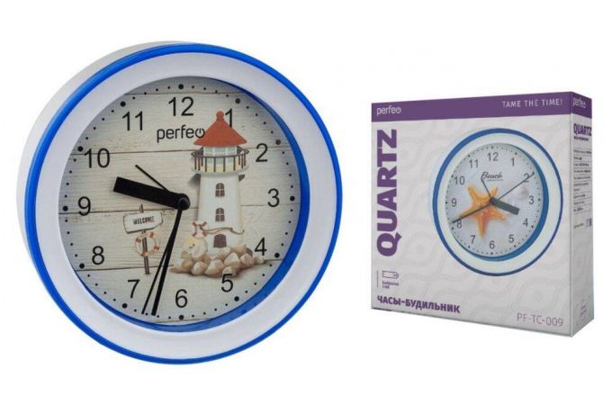 Часы-будильник Perfeo Quartz "PF-TC-009", круглые диам. 15,3 см, подвес на стену, маяк