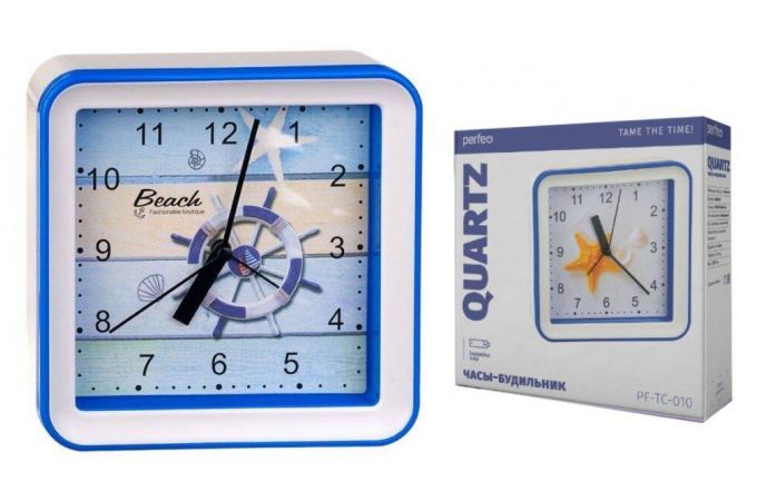 Часы-будильник Perfeo Quartz "PF-TC-010", квадратные 14,8*14,8 см, подвес на стену, штурвал
