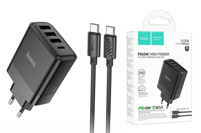 Сетевое зарядное устройство 3USB + USB-C + кабель Type-C HOCO C127A PD45W + QC3.0 (черный)