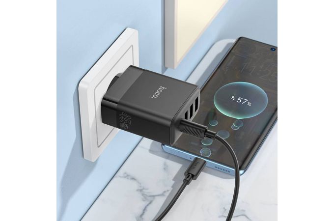 Сетевое зарядное устройство 3USB + USB-C + кабель Type-C HOCO C127A PD45W + QC3.0 (черный)