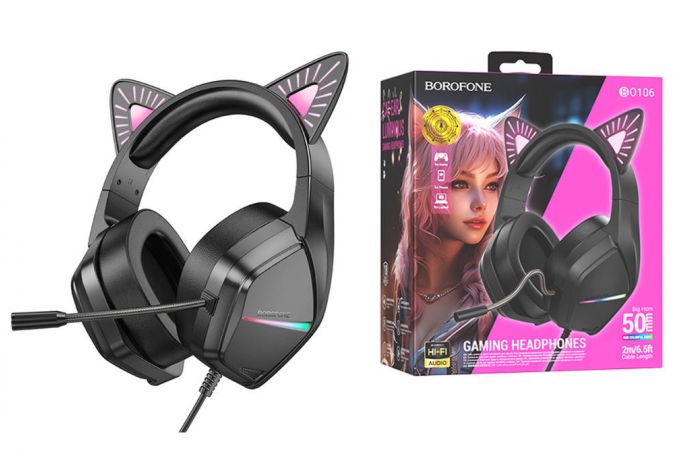 Наушники мониторные проводные с микрофоном BOROFONE BO106 Cute cat ear luminous  gaming headphones (phantom cat)
