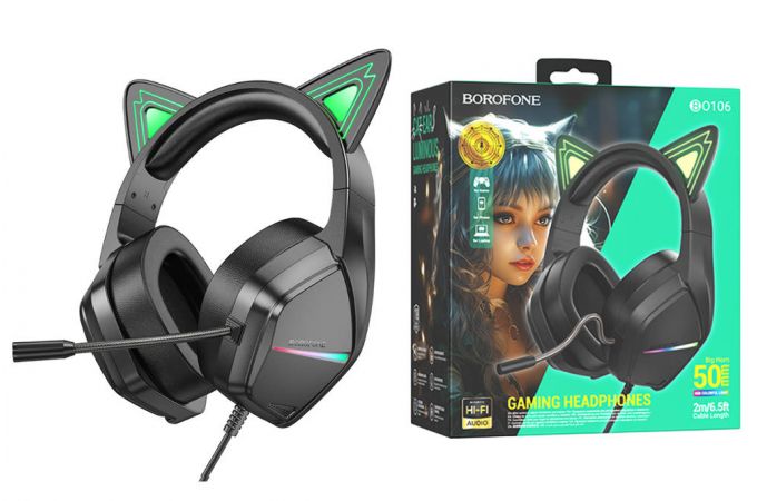 Наушники мониторные проводные с микрофоном BOROFONE BO106 Cute cat ear luminous  gaming headphones (elf cat)