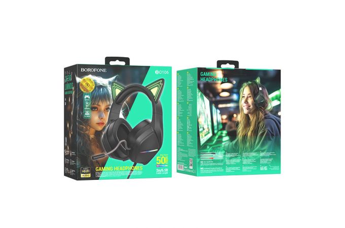 Наушники мониторные проводные с микрофоном BOROFONE BO106 Cute cat ear luminous  gaming headphones (elf cat)