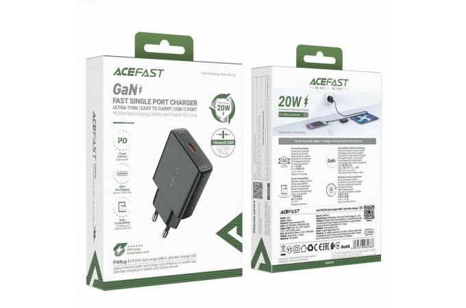 Сетевое зарядное устройство AceFast A65 PD20W GaN Single USB-C ultra-thin Charger (Черный)