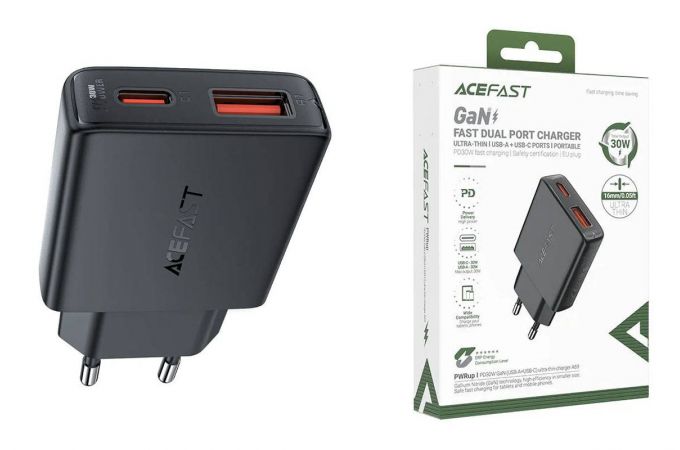 Сетевое зарядное устройство AceFast A69 PD30W GaN (USB-A+USB-C) Ultra-thin Charger (Черный)