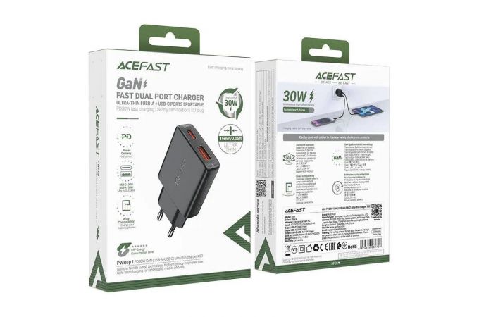 Сетевое зарядное устройство AceFast A69 PD30W GaN (USB-A+USB-C) Ultra-thin Charger (Черный)
