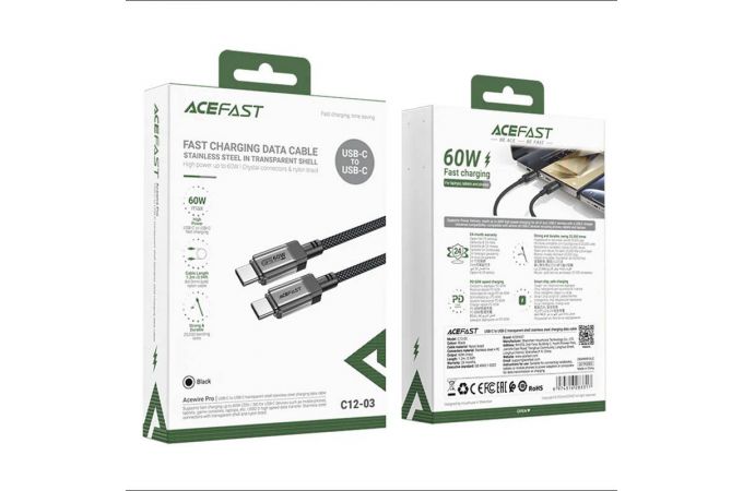 Кабель USB Type-C - Type-C ACEFAST C12-03 Transparent Shell Stainless Steel Charging Data Cable (Черный)