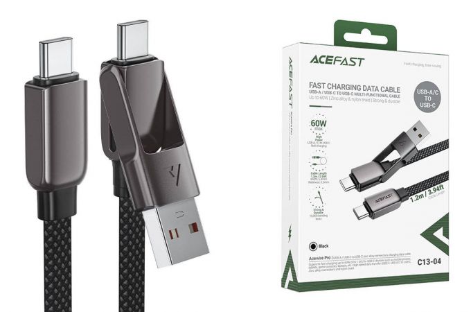 Кабель USB Type-C - Type-C AceFast C13-04 zinc alloy connectors charging data cable Mountain mist (Черный)