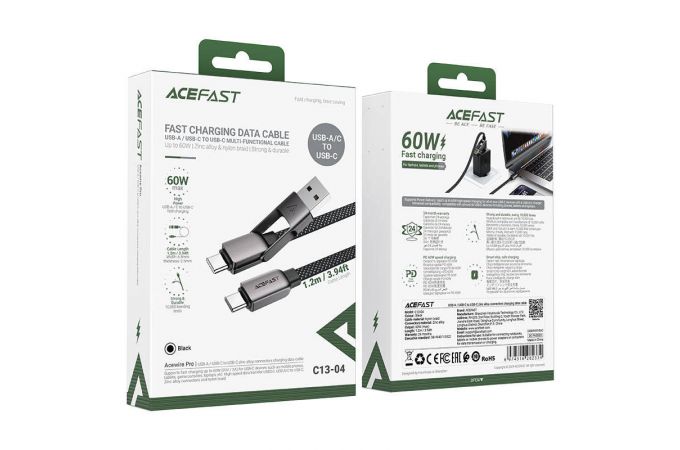Кабель USB Type-C - Type-C AceFast C13-04 zinc alloy connectors charging data cable Mountain mist (Черный)