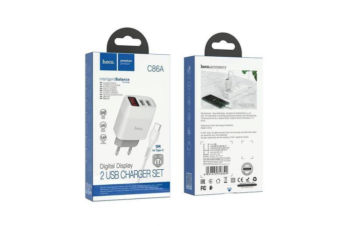 Сетевое зарядное устройство 2USB + кабель Type-C HOCO C86A Illustrious (белый)