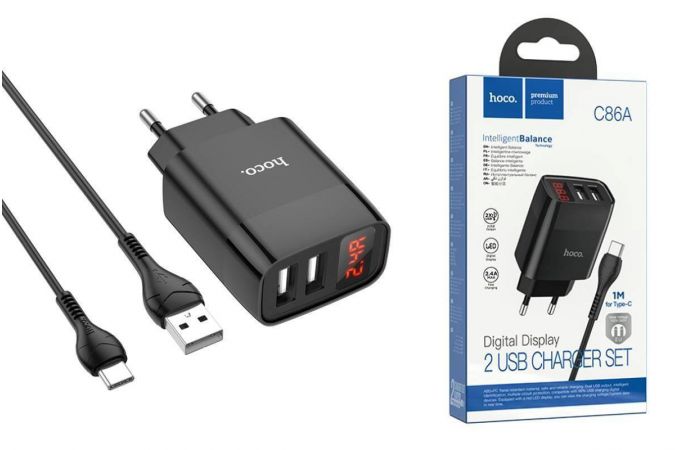 Сетевое зарядное устройство 2USB + кабель Type-C HOCO C86A Illustrious (черный)
