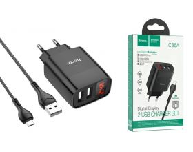 Сетевое зарядное устройство 2USB + кабель MicroUSB HOCO C86A Illustrious 2400mAh (черный)