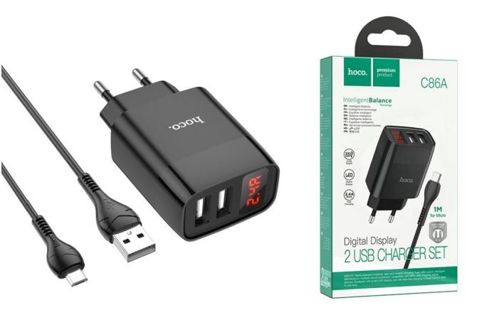 Сетевое зарядное устройство 2USB + кабель MicroUSB HOCO C86A Illustrious 2400mAh (черный)