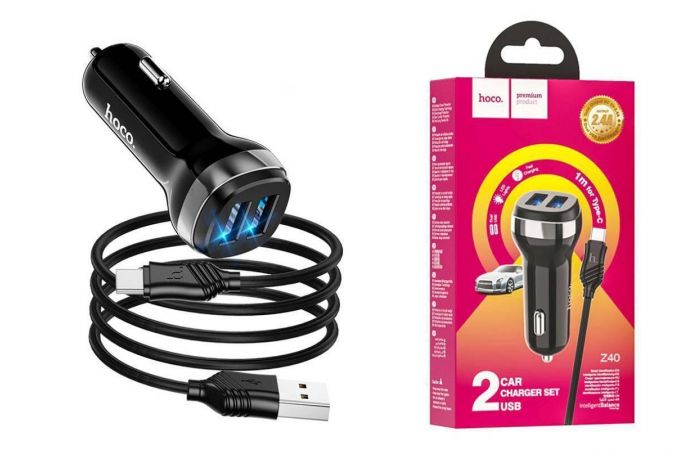 Автомобильное зарядное устройство АЗУ 2USB + кабель Type-C HOCO Z40 Superior 2400mAh (белый)
