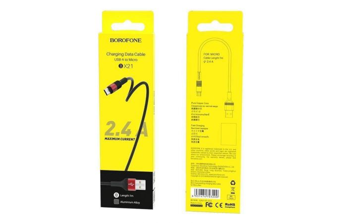 Кабель USB - MicroUSB BOROFONE BX21 2,4A (красный) 1м (в оплетке)