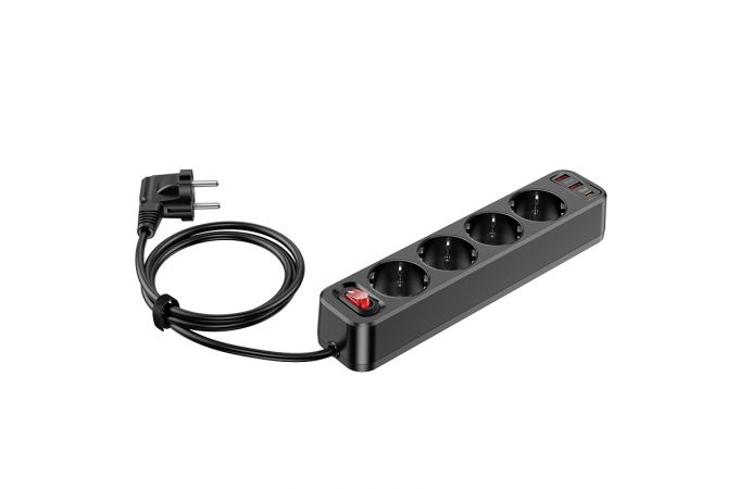 Сетевой фильтр HOCO NS1 (1,8 м, 4 розетки + 2 USB-A+ USB-C ) PD 20W Fast Charger (черный)