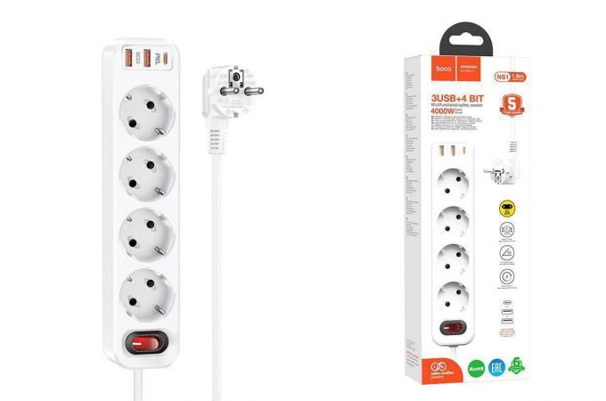 Сетевой фильтр HOCO NS1 (1,8 м, 4 розетки + 2 USB-A+ USB-C ) PD 20W Fast Charger (белый)