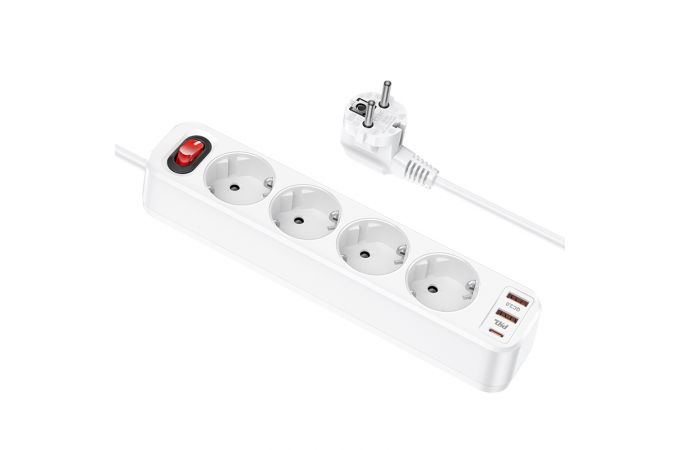 Сетевой фильтр HOCO NS1 (1,8 м, 4 розетки + 2 USB-A+ USB-C ) PD 20W Fast Charger (белый)