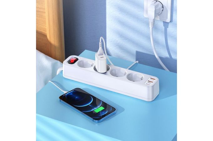 Сетевой фильтр HOCO NS1 (1,8 м, 4 розетки + 2 USB-A+ USB-C ) PD 20W Fast Charger (белый)