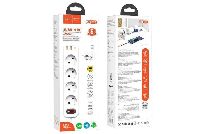 Сетевой фильтр HOCO NS1 (1,8 м, 4 розетки + 2 USB-A+ USB-C ) PD 20W Fast Charger (белый)