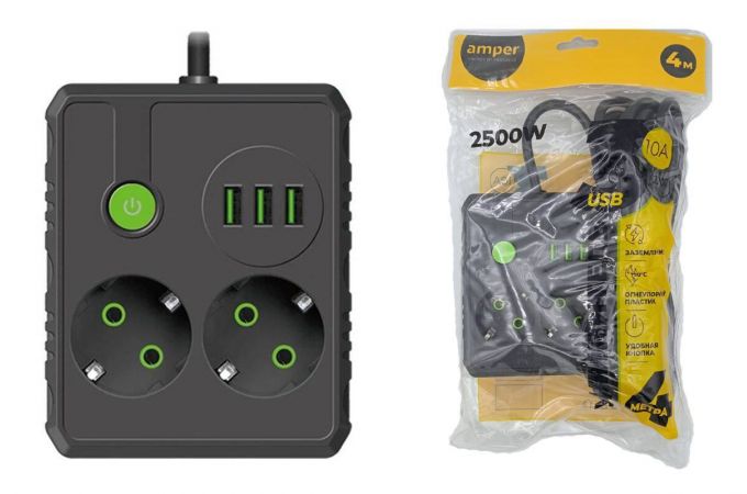 Сетевой фильтр Amper удлинитель, 2,0м, 2 розетки, 10А, 2500 Вт, 3usb, черный.