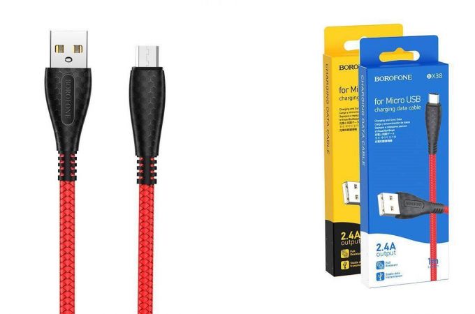 Кабель USB - MicroUSB BOROFONE BX38 2,4A (красный) 1м (в оплетке)