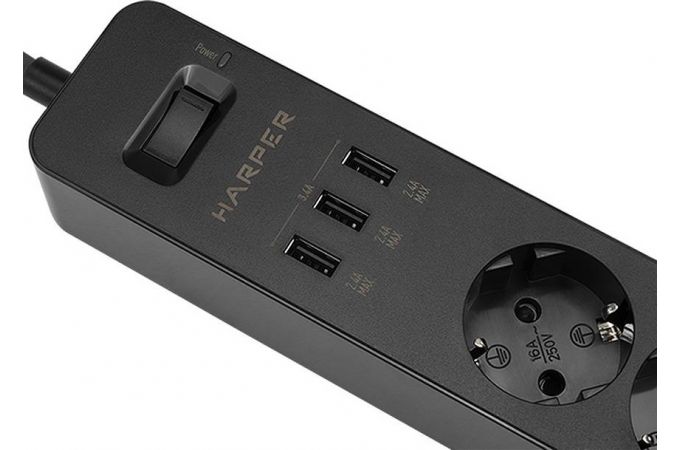 Сетевой фильтр с USB зарядкой HARPER UCH-315 Black 3xUSB порта, 3хрозетки, длина 1.5м, 3680W (16A)