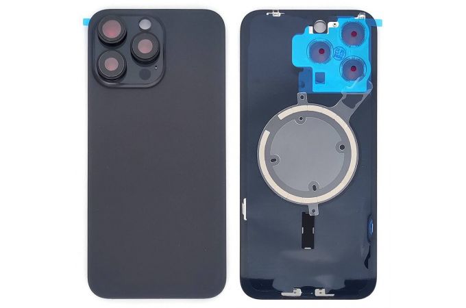 Задняя крышка (стекло) в сборе с рамкой для iPhone 15 Pro Max Black Titanium (магнит) литое стекло