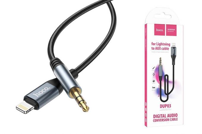 Кабель аудио HOCO DUP03 (штекер Lightning - вход AUX 3.5 mm) (серый) 1м