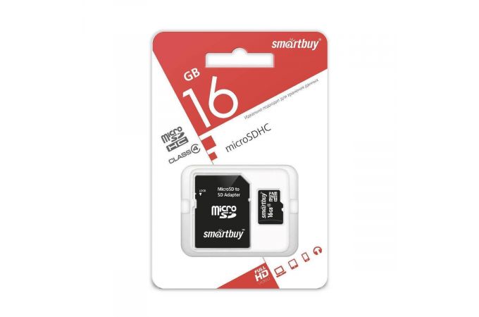 Карта памяти microSDHC Smartbuy 16 GB (class 4) с адаптером (SB16GBSDCL4-01)