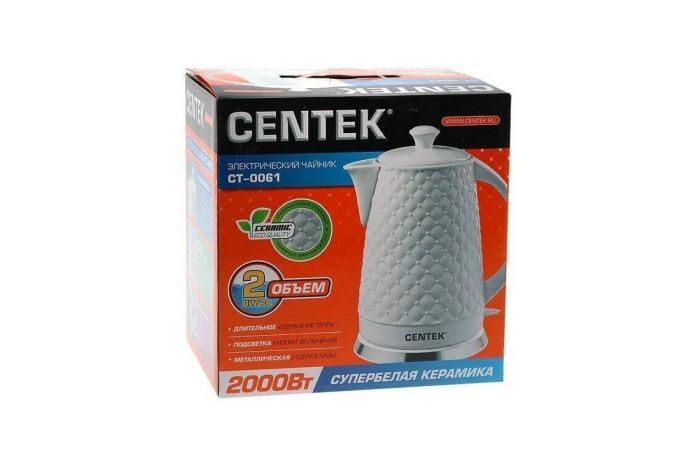 Чайник CENTEK CT-0061 белый 2000Вт, 2 л,супербелая керамика, рельефный корпус