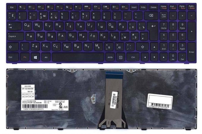 Клавиатура для ноутбука Lenovo IdeaPad G50-70 G50-30 черная с фиолетовой рамкой