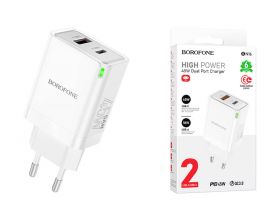 Сетевое зарядное устройство USB + USB-C BOROFONE BN16 Tough PD45W + QC 3.0 (белый)