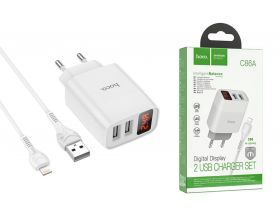 Сетевое зарядное устройство 2USB + кабель Lightning HOCO C86A Illustrious 2400mAh (белый)