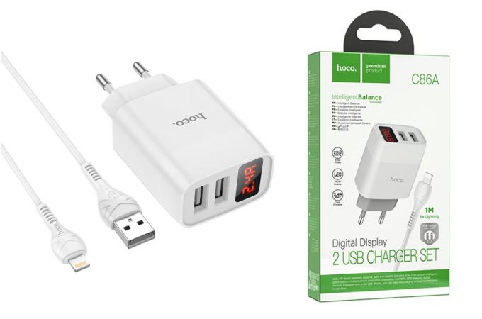 Сетевое зарядное устройство 2USB + кабель Lightning HOCO С86A Illustrious 2400mAh (белый)