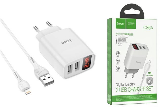 Сетевое зарядное устройство 2USB + кабель Lightning HOCO C86A Illustrious 2400mAh (белый)