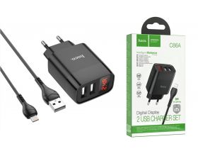 Сетевое зарядное устройство 2USB + кабель Lightning HOCO С86A Illustrious 2400mAh (черный)