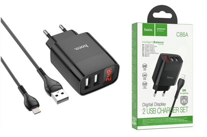 Сетевое зарядное устройство 2USB + кабель Lightning HOCO C86A Illustrious 2400mAh (черный)