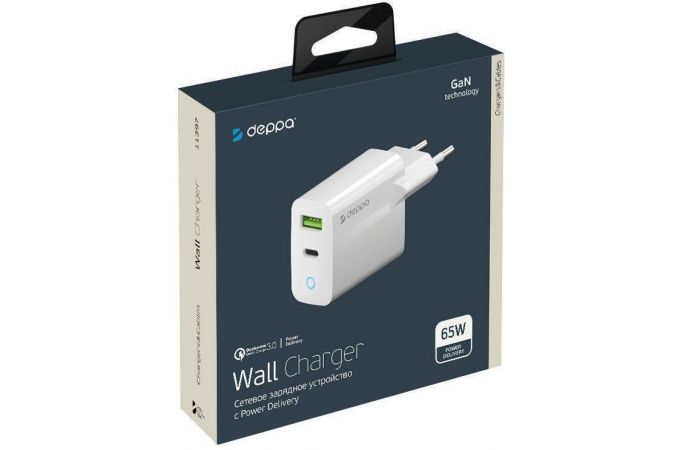 Сетевое зарядное устройство USB Deppa (11397) USB A + USB-C, PD 3.0, QC 3.0, 65W, GaN (белый)