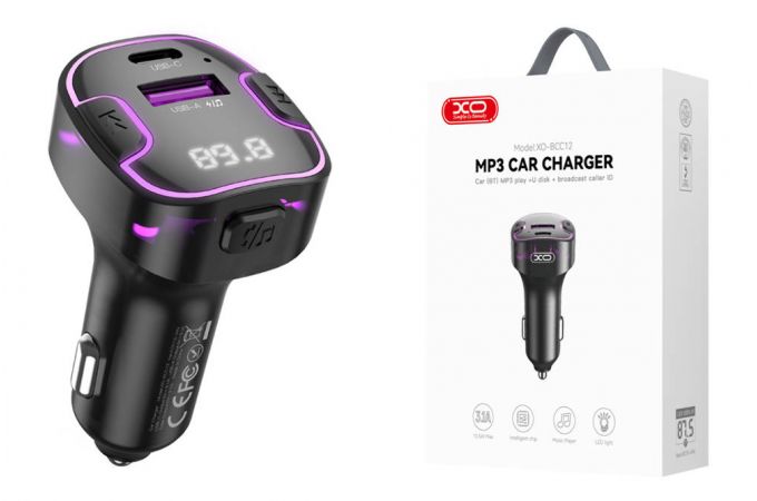 FM-Модулятор XO BCC12 Intelligent Bluetooth MP3+5V3.1A Car Charged Atmosphere Light (черный)