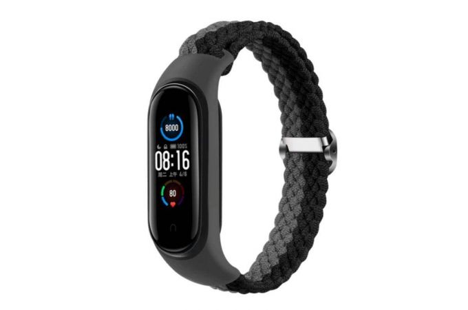 Ремешок тканевый плетеный для XIAOMI MI Band 3/MI Band 4 двухцветный черно-серый