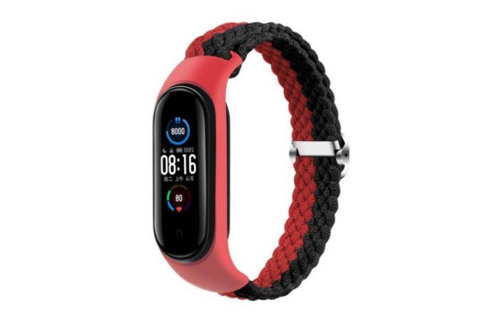 Ремешок тканевый плетеный для XIAOMI MI Band 5/6/7 двухцветный черно-красный