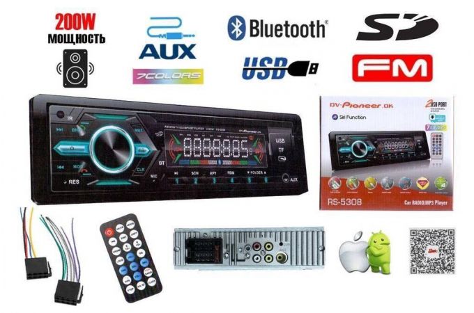 Автомагнитола 4401 1DIN (RGB, Bluetooth, FM, AUX, USB, SD, Пульт ДУ на руль, провода для подк.)