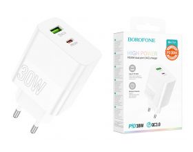 Сетевое зарядное устройство USB + USB-C BOROFONE BA75A Resource PD30W+ QC 3.0 (белый)