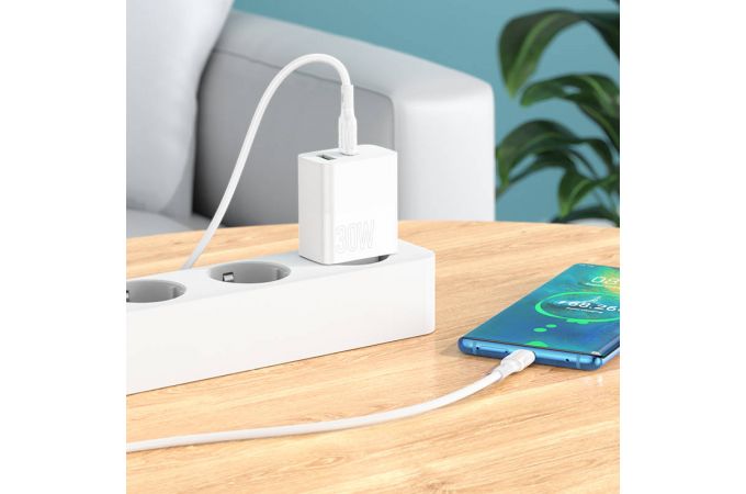 Сетевое зарядное устройство USB + USB-C BOROFONE BA75A Resource PD30W+ QC 3.0 (белый)