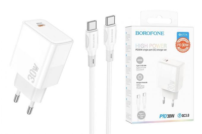 Сетевое зарядное устройство USB-C + кабель Type-C BOROFONE BA77A PD30W (белый)
