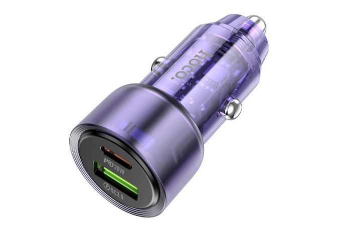 Автомобильное зарядное устройство АЗУ USB + Type-C HOCO Z52 Spacious PD38W+QC3.0 (фиолетовый прозрачный)