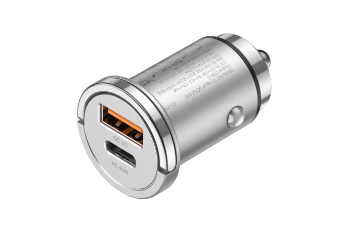 Автомобильное зарядное устройство АЗУ USB + USB-C HOCO NZ10 Handy QC3.0 + PD25W (серебряный)