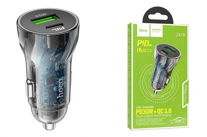 Автомобильное зарядное устройство АЗУ USB + USB-C HOCO Z47A Transperent PD30W+QC3.0 (черный прозрачный)