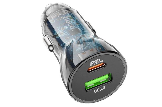 Автомобильное зарядное устройство АЗУ USB + USB-C HOCO Z47A Transperent PD30W+QC3.0 (черный прозрачный)